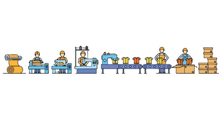 Illustrated garment production line showing the various stages of clothing manufacturing and packaging process showcasing an organized factory