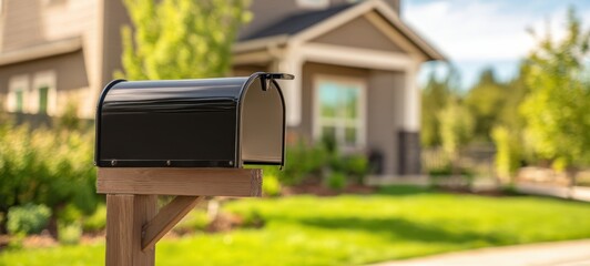The black mailbox in a serene residential setting with a beautiful garden.