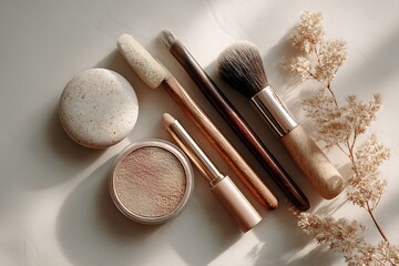 Subtle shaded cosmetics showcased on white surface
