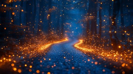 Naklejka premium Glowing path in mystical forest at night