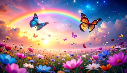 Vivid butterflies flutter over a colorful flower meadow beneath a radiant rainbow and starry sky.