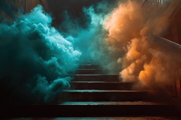 Mysterious staircase enveloped in vibrant smoke at twilight
