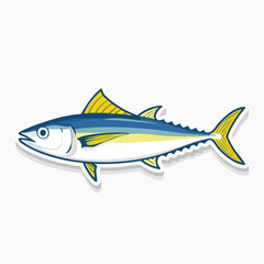 A bright blue and yellow tuna fish sticker, captured in a detailed side view, is presented as a vibrant flat vector illustration isolated on a clean white background.