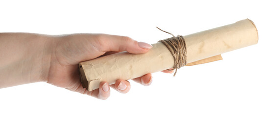 Woman holding old rolled scroll on white background, closeup