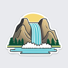 Illustration of a scenic waterfall cascading down between two mountain peaks with a bright sun.