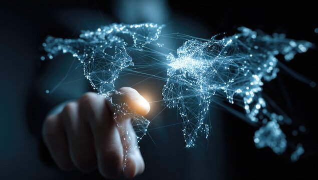 A hand interacts with a glowing, interconnected world map, nodes and lines representing global network, digital connectivity, and worldwide communication