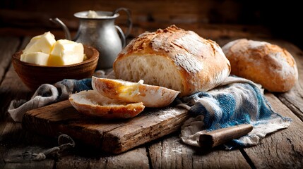 A rustic wooden table with freshly baked bread and butter