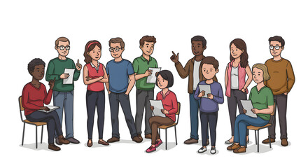 A diverse group of men and women engaged in a collaborative workshop, sharing ideas and feedback during a productive team meeting or seminar