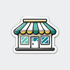Cartoon illustration of a small shop with a striped awning and windows, ready for business.
