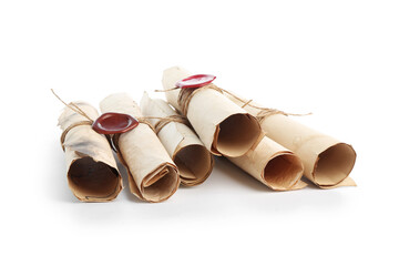Old rolled paper scrolls isolated on white