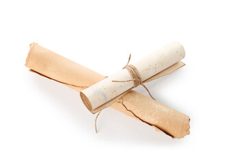 Old rolled paper scrolls isolated on white