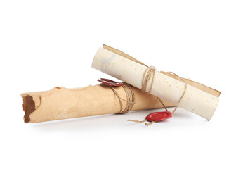 Old rolled paper scrolls isolated on white