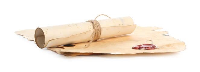 Sheets and scroll of old paper isolated on white