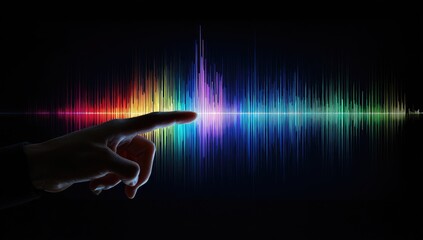 A hand interacts with a vibrant, multicolored audio waveform visualization against a dark background, suggesting digital sound manipulation or control