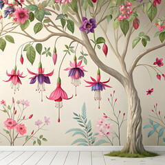 A tree with colorful flowers and leaves is painted on a pale wall above wooden floor