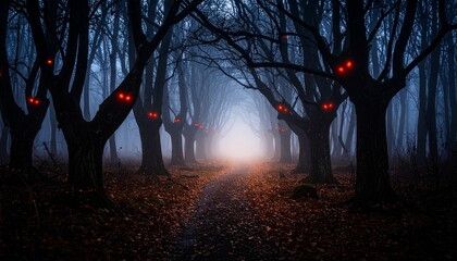 Mysterious forest path at night with glowing red-eyed trees, creating an eerie and haunting atmosphere.