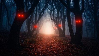 Mysterious forest with glowing red eyes peering through trees, atmospheric mist and eerie illumination.