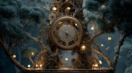 A translucent mountain glows with internal light streaks, reflecting on a dark landscape at night.