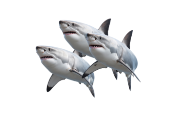 Group of three great white sharks swim together., powerful ocean predators, isolated on transparent background