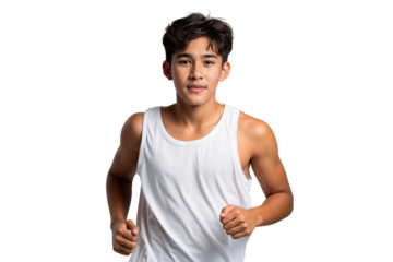 Young athletic man running in a white tank top, isolated on transparent background