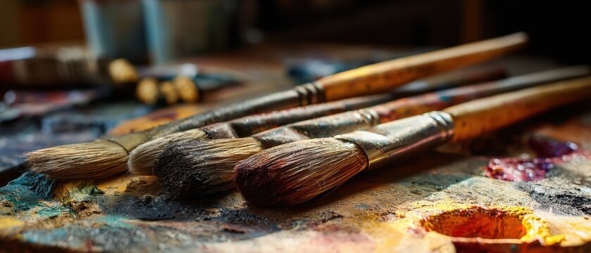 The vibrant arrangement of paintbrushes on a colorful artist's palette.