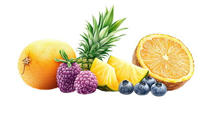 Fruit cartoon mascot PNG concept. Cute cartoon fruits and a cheese block with smiling faces and leaves.