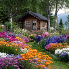 Small wooden house in garden full of colorful flowers, peaceful countryside life nature background