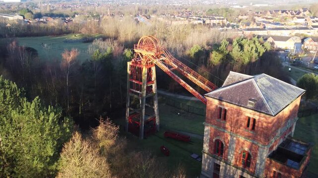 Bestwood Colliery, Nottingham, England &ndash; January 2 2023: Drone footage showcases Bestwood Colliery in Nottingham, England, featuring its historic buildings, headframe,