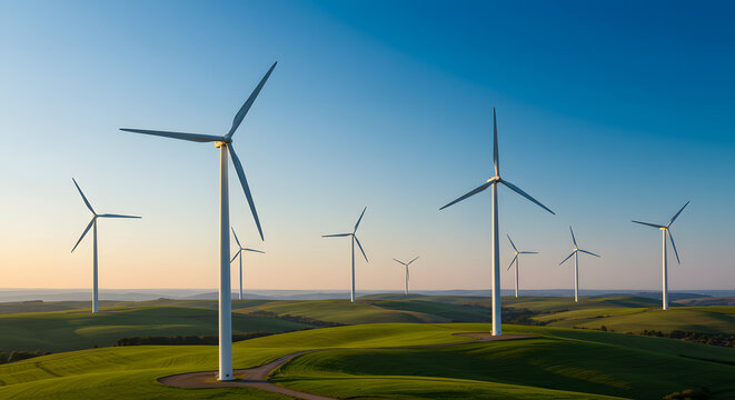 Wind farm with modern turbines on rolling green hills at sunrise, generating clean renewable energy for a sustainable future.