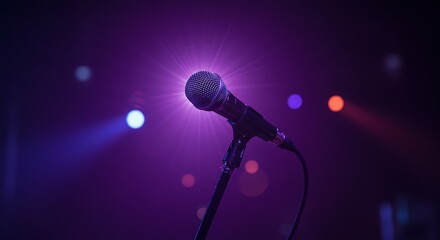 Obraz premium Microphone on Stage with Colorful Lights in Dark Performance Setting