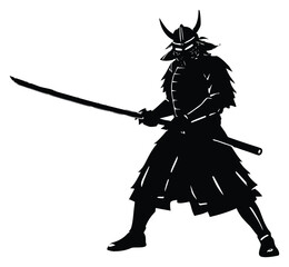 Silhouette of a Samurai Warrior in Full Armor Ready to Strike with Sword