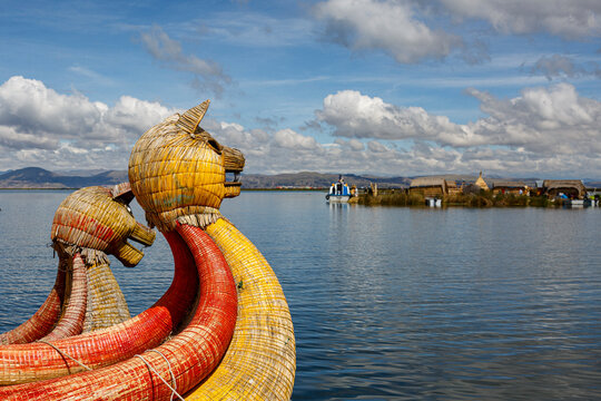 Traditional totora reed boats in the lake Titicaca