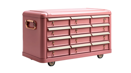 Png of Stylish pink storage cabinet with multiple drawers for organization, perfect for any modern workspace.