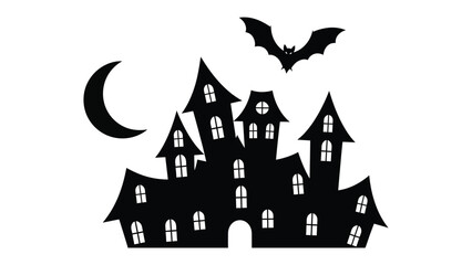 Haunted house silhouette: A spooky silhouette of a haunted house, with a bat and moon, evoking the eerie atmosphere of Halloween. 