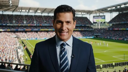 Smiling Sports Commentator at Football Stadium - A friendly male sports commentator in a suit smiles at the camera, with a packed football stadium and a game in progress blurred in the background on - Powered by Adobe