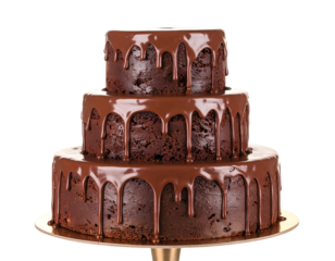 Mouth-watering 3-tier dark chocolate dripping tall cake isolated on a transparent background.