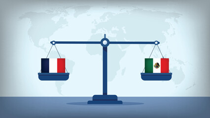 Obraz premium Balance Scale with Mexico vs France Flags , International Relations and Global Trade Concept Vector