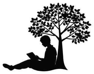 Silhouette of a young man reading a book under the shade of a tree relaxation and nature