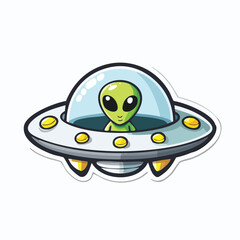 Cartoon illustration of a flying saucer with an alien inside, against a white background.