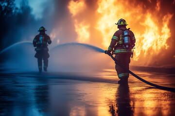 Two firefighters extinguishing a fire with water hoses, intensely concentrating on the blaze. Rear view of the firefighters.