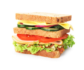 Tasty sandwich with ham, bacon, cheese and vegetables isolated on white