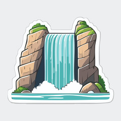 Cartoon illustration of a waterfall cascading between two large rock formations with greenery.