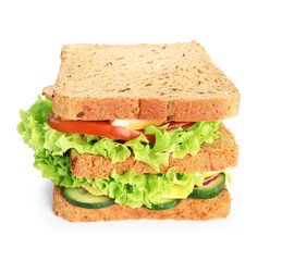Tasty sandwich with ham, cheese and vegetables isolated on white