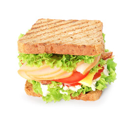 Tasty sandwich with ham, bacon, cheese and vegetables isolated on white