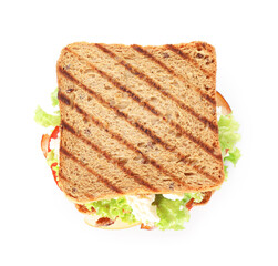 Tasty sandwich with ham, cheese and vegetables isolated on white, top view