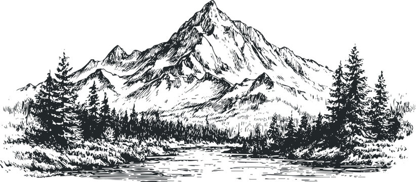 Black and white sketch of rugged mountains with pine trees and a calm river