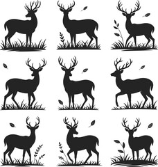 Deer silhouettes with antlers in standing poses, surrounded by grass and falling leaves, forest wildlife vector illustration, black animal design, nature