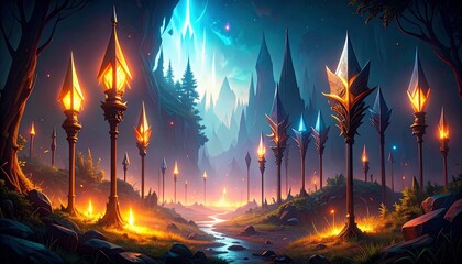 Fantasy landscape with glowing lamps and trees.