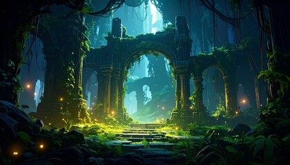 Mysterious ancient ruins in lush forest setting.