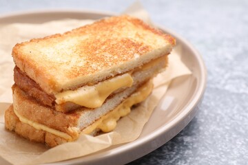 Tasty sandwiches with melted cheese and parsley on grey table, closeup
